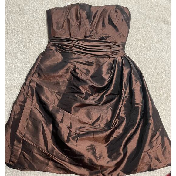 Pretty Maids Strapless Cocktail Dress Womens 10 Pleated Silky Mini Dress Brown - Picture 1 of 11